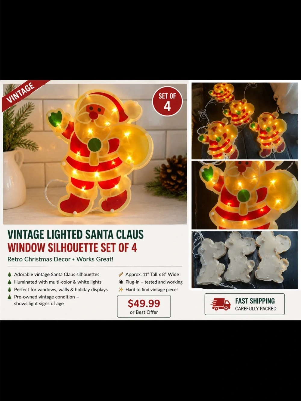 Gund Red and Green Lighted Santa Claus Window Silhouettes - Set of 4